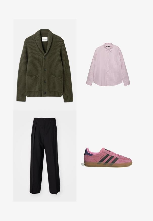 Tummanongreen ribattu neule, jossa on huppukaulus, neljä mustaa nappia, kaksi etutaskua ja teksturoitu neulekuvio.; Vaaleanpunainen nappipaita, jossa on pystysuunnassa sinisiä raitoja, kauluspäällinen, pitkät hihat ja löysä istuvuus. Valmistettu sileästä kankaasta, jossa on hieno kiilto.; Mustat laskostetut housut, joissa on suora, leveä lahje. Valmistettu sileästä kankaasta, jossa on nappisuljenta ja vyölenkit.; Vaaleanpunaiset mokkanahkakengät mustilla raidoilla, kumipohjalla ja teksturoidulla purppurakorkealla. Varustettu nauhakiinnityksellä ja kohokuvioidulla brändäyksellä sivussa.