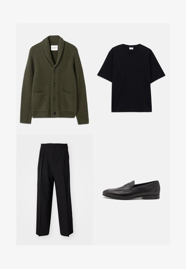 Temno olivno zelena rebrasta dolga jopica s šalom, ki ima štiri črne gumbe, dva sprednja žepa in teksturiran pleten vzorec.; Črno kratkotrajno široko T-shirt s krožnim izrezom in vidno blagovno znamko Filippa K znotraj ovratnika.; Črne nabirane hlače s ravnim, širokim krojem. Narejene so iz gladkega materiala in imajo zadrgo ter pasne zanke.; Moški črni usnjeni loafer s nizkim peto in klasičnim penny trakom, prikazan v bočnem profilu na belem ozadju.