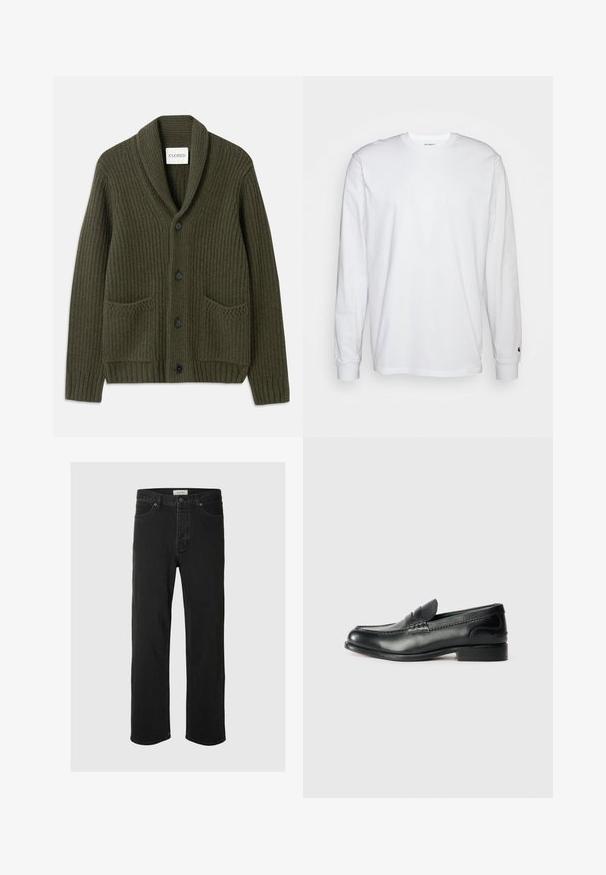 Sötét olíva zöld, bordázott kardigán sálgallérral, négy fekete gombbal, két elülső zsebbel és textúrált kötött mintával.; Fehér, hosszú ujjú, pamut póló. Kerek nyakú kialakítás, bordázott mandzsetták és egy kis logó a bal ujján. Simaság jellemzi.; Fekete farmer egyenes szárú jezák klasszikus öt zsebes dizájnnal, gombos záródással, minimális varrással és puha tapintással rendelkezik.; Fekete bőr mokaszinok sima felülettel, varrott részletekkel a lábfej részen és kissé megemelt sarokkal.