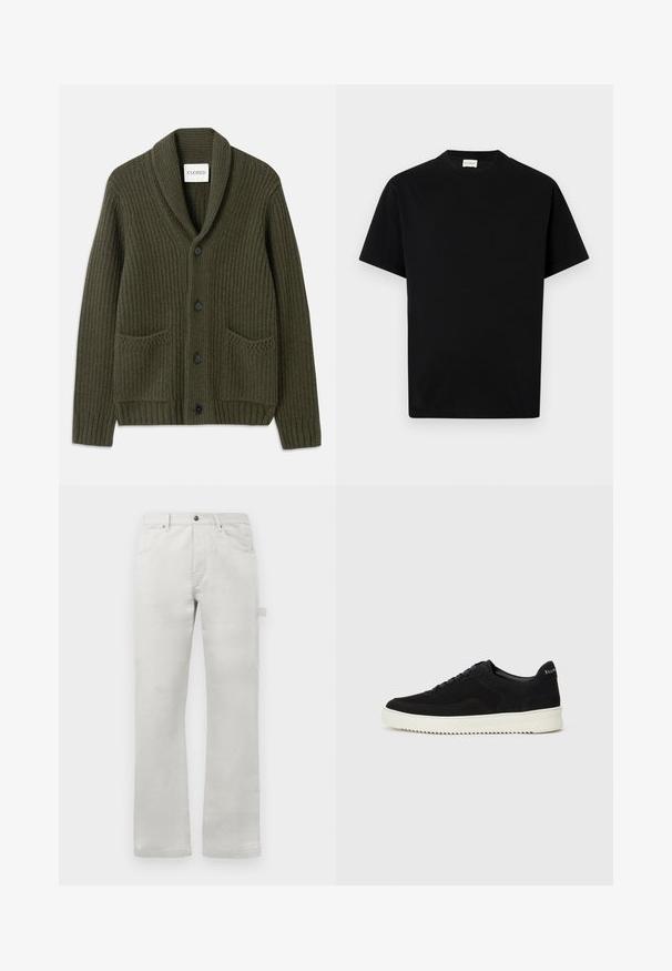 Donkergroen geribbeld cardigan met een sjaalkraag, voorzien van vier zwarte knopen, twee voorzakken en een gestructureerd breipatroon.; Zwarte katoen t-shirt met ronde hals, korte mouwen en rechte snit. Geen zichtbare patronen of hardwaredetails.; Lichtgrijze broek met een rechte pasvorm, gemaakt van gladde katoenstof, met voorzakken en een zijcargozak.; Zwarte suède sneakers met vetersluiting en contrasterende witte rubberen zool. Voorzien van textuurpanelen aan de zijkanten en subtiele branding op de hiel.