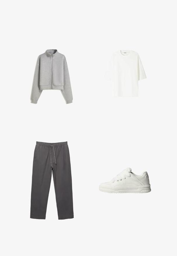 Cropped gray zip-up sweatshirt with a high collar, long sleeves, and ribbed cuffs. Made from soft, lightweight material with a smooth texture.; White short-sleeve t-shirt made of cotton, featuring a crew neckline and a relaxed fit with straight hemline.; Gray, lightweight trousers with an elastic waistband and drawstring. Features tapered legs and a smooth, slightly textured fabric.; White sneakers with a smooth leather exterior, cushioned tongue, flat laces, and textured accents on the sides and heel.