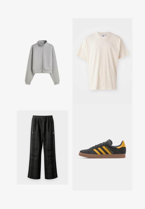 Avskuren grå zip-up sweatshirt med hög krage, långa ärmar och ribbade ärmslut. Tillverkad av ett mjukt, lätt material med en slät yta.; Krämfärgad bomulls-t-shirt med rund halsringning och korta ärmar; har en liten, ljusfärgad logotyp på bröstet.; Svarta rutiga byxor med elastisk midja, två framfickor och en lös passform med rak bendesign. Tillverkade av lätt material.; Svart mockaskor med gula accenter, med tre ränder och en brun gummisula. Inkluderar en vadderad tunga för extra komfort.