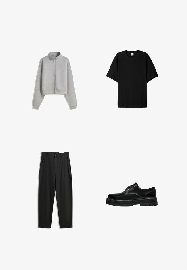 Felpa grigia corti con zip e colletto alto, maniche lunghe e polsini a costine. Realizzata in un materiale morbido e leggero con una texture liscia.; Maglietta nera a maniche corte con collo rotondo, caratterizzata da una vestibilità rilassata e una superficie testurizzata. Design semplice; senza grafiche o accenti.; Pantaloni in cotone neri con una vestibilità rilassata, dotati di una vita classica, pieghe frontali e tasche laterali. Tessuto liscio senza fantasie.; Scarpa nera in pelle con lacci, punta arrotondata, finitura texturizzata e suola in gomma spessa con battistrada profondo per una migliore aderenza.