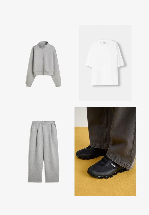 Skrátená šedá mikina na zips s vysokým golierom, dlhými rukávmi a rebrovanými manžetami. Vyrobená z mäkkého, ľahkého materiálu s hladkou textúrou.; Biela tričko s krátkym rukávom vyrobené z bavlny, s okrúhlym výstrihom a voľným strihom. Hladká textúra, bez viditeľných vzorov alebo akcentov.; Svetlošedé tepláky s elastickým pásom a bočnými vreckami, s rovnými nohavicami, vyrobené z jemného materiálu.; Čierne atletické topánky s sieťovaným zvrškom, zakrivenou podrážkou a výraznými zaoblenými akcentmi. Skombinované s tmavými, voľne strihanými nohavicami.