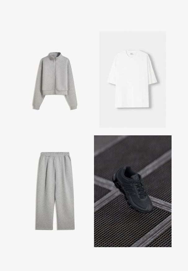 Skraćeni sivi dukserica na zatvaranje s visokim ovratnikom, dugim rukavima i rebrastim manžetama. Izrađena od mekanog, laganog materijala s glatkom teksturom.; Bijela kratkodlana majica s kratkim rukavima, izrađena od pamuka, s okruglim izrezom i opuštenim krojem. Gladak materijal, bez vidljivih uzoraka ili akcenta.; Svijetlosivi trenirci s elastičnim pojasom i bočnim džepovima, ravnog kroja, izrađeni od mekog materijala.; Crna atletska cipela sa teksturiranom mrežastom gornjom površinom, dizajnom s tri pruge i zaobljenim potplatom s istaknutim jastučićima za amortizaciju.