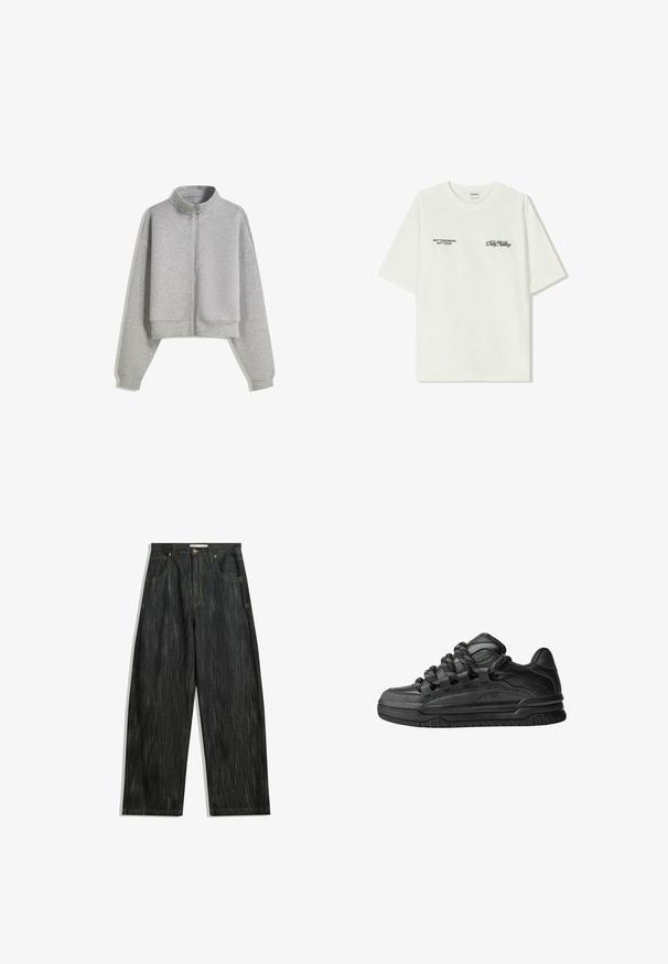 Felpa grigia corti con zip e colletto alto, maniche lunghe e polsini a costine. Realizzata in un materiale morbido e leggero con una texture liscia.; T-shirt bianco in cotone con maniche corte. La parte anteriore presenta testo nero: "NON DOMANI NON OGGI" e "L'ARTE DEL MUOVERE LA POLVERE" in corsivo verde.; Jeans in denim scuro con vestibilità ampia, caratterizzati da una sottile texture verticale, cuciture gialle, cinque tasche e una chiusura con bottone classica.; Sneaker nere con una toma in pelle liscia, dettagli testurizzati e lacci tondi neri e bianchi. Suola spessa in gomma con battistrada gommato.
