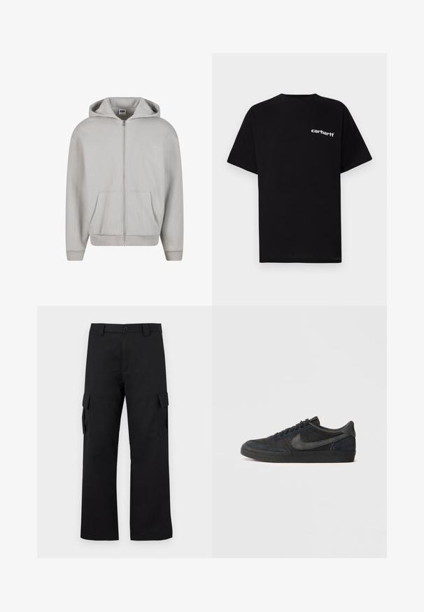 Hall ka tõmblukuga kapuutsiga dressipluus, mis on valmistatud pehmest puuvillasegust. Omab kapuutsi, esip pockets ja soonikkoes mansette. Minimalistlik disain ilma mustriteta.; Mustast puuvillast lühikeste varrukatega t-särk, ümara kaelusega ja valge "Carhartt" logoga vasakul rinnal. Sile tekstuur, minimalistlik disain.; Mustad mustad püksid sirge lõikega disainiga. Valmistatud vastupidavast kangast, millel on kaks külgtaskut klappidega ja nupuvajutusega esiosa.; Mustad seemised tennisetossud madala profiiliga, kummist välispind, tekstuuriga külgpaneelid ja ühetoneeline Nike swoosh logo. Sidumisosa ees, pehme kaelus.