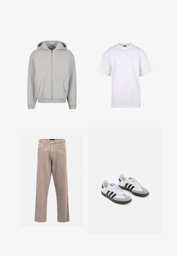 Felpa grigia con zip realizzata in un morbido misto cotone. Presenta un cappuccio, tasche frontali e polsini a coste. Design minimalista senza motivi.; T-shirt bianca in cotone con scollatura a girocollo, maniche corte e vestibilità rilassata. Presenta un design semplice senza motivi o accenti.; Jeans beige a gamba dritta in denim, con un classico design a cinque tasche, dettagli cuciti e un orlo pulito.; Scarpe sportive con tomaia in pelle bianca, punta in suede grigia e tre strisce nere. Presentano un logo blu sulla linguetta e una suola in gomma testurizzata.