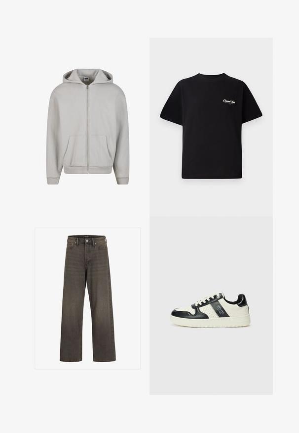 Grå zip-up hettegenser laget av myk bomullsblanding. Har hette, frontlommer og ribbestrikkede mansjetter. Minimalistisk design uten mønstre.; Svart bomull t-skjorte med rund hals, korte ermer og liten hvit logo-tekst på venstre bryst. Enkel design, klassisk passform.; Videbukser i mørkegrå denim, med høj talje, klassisk fem-lomme design og kontrasterende syninger langs sømmene.; Lædersneakers med sort og creme farveskema, der har perforerede detaljer, en polstret krave og en struktureret ydersål.