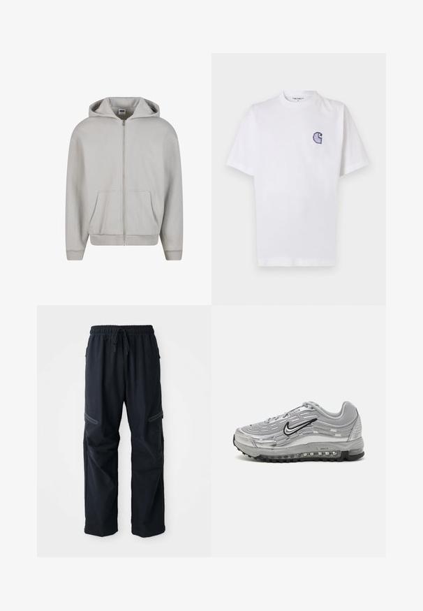 Sudadera gris con cremallera, hecha de una suave mezcla de algodón. Cuenta con capucha, bolsillos frontales y puños acanalados. Diseño minimalista sin patrones.; Camiseta blanca de algodón con mangas cortas, cuello redondo y un pequeño logo azul bordado en forma de "C" en el área del pecho izquierdo.; Pantalones casuales negros con cinturilla elástica, cordón y bolsillos con cremallera sobre un fondo blanco.; Zapatillas Nike Air Max grises que cuentan con una parte superior de malla y sintético, diseño ondulado, acentos negros y una unidad de amortiguación de aire visible.