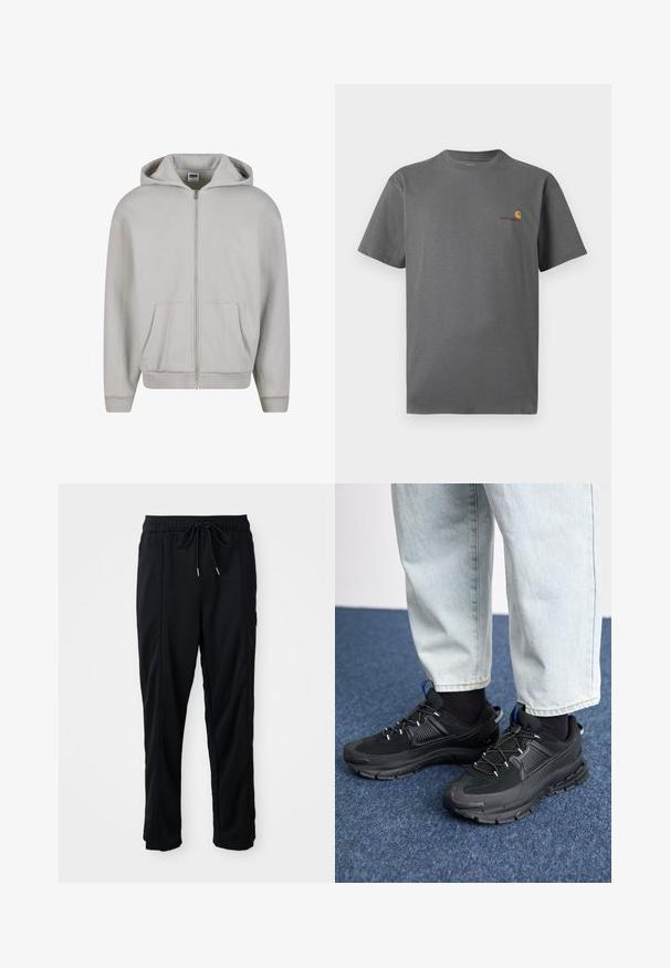Šedá mikina so zipsom vyrobená z mäkkej bavlnenej zmesi. Má kapucňu, predné vrecká a rebrované manžety. Minimalistický dizajn bez vzorov.; Šedé tričko s krátkym rukávom vyrobené z bavlny; na hrudi má subtílny logo v oranžovej a bordovej farbe. Základný dizajn s okrúhlym výstrihom.; Čierne voľné nohavice na gumičku v páse s bočnými vreckami a rovnými nohavicami na jednoduchom pozadí.; Čierne športové topánky s textúrovanou tkaninou a gumovou podrážkou, so elastickými šnúrkami a modrým akcentom na päte. Nosia sa s svetlými riflami.