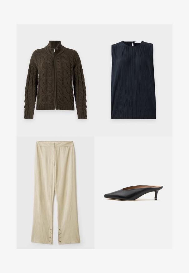 Κάρδιγκαν με φερμουάρ σε σκούρο ελαιόλαδο, πλεκτό σε καλώδια. Διαθέτει ραμμένο γιακά, υφή μοτίβου και εσωτερικό φερμουάρ σε ασημί απόχρωση.; Μαύρη αμάνικη μπλούζα με στρογγυλή λαιμόκοψη και κλειδαρότρυπα πίσω. Διαθέτει κατακόρυφες πιέτες για υφή. Απαλή ύφανση με ελαφριά γυαλάδα.; Μπεζ παντελόνι σε φαρδιά γραμμή με υφή υφάσματος. Διαθέτει επίπεδο ζωνάκι και πέντε κουμπιά στο τελείωμα για κλείσιμο. Σχεδίαση με πτυχώσεις.; Μαύρες δερμάτινες μπαλαρίνες με αιχμηρή μύτη και χαμηλό, τετράγωνο τακούνι. Λείος υφασμάτινος σχεδιασμός. Ανοιχτή πλάτη με μινιμαλιστική διακόσμηση.