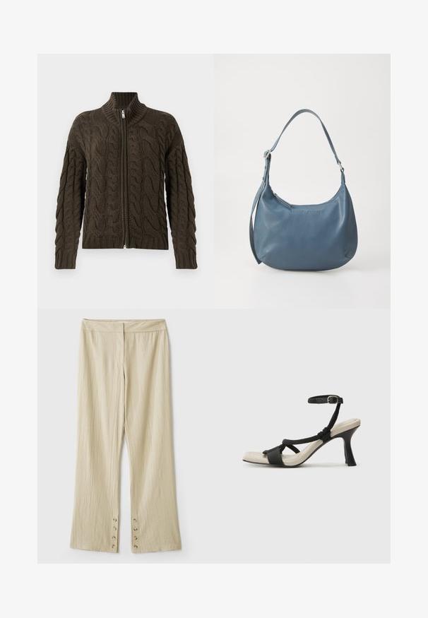 Sötét olíva zöld, kabelkötött, cipzáras kardigán. Bordás gallérral, texturált mintázattal és ezüst cipzárral rendelkezik.; Fehér pamut póló rövid ujjakkal, kerek nyakkivágással és laza szabással. Sima textúra, nincsenek minták vagy díszítések, minimalista dizájn.; Bézs színű, bő szárú nadrág, texturált anyagból. Lapos derékrésszel és öt gombbal rendelkezik az alján a zárás érdekében. Gyűrött dizájn.; Fekete sarkú szandál fonott pánttal, négyzet alakú orral és állítható bokapánttal. Világos bézs talpbetét fényes fekete sarkával.; Kerekded formájú, kék bőr kézitáska, egyetlen vállpánttal, cipzárral záródik, az elülső részen domborított márkanevével. Simák a textúrája.