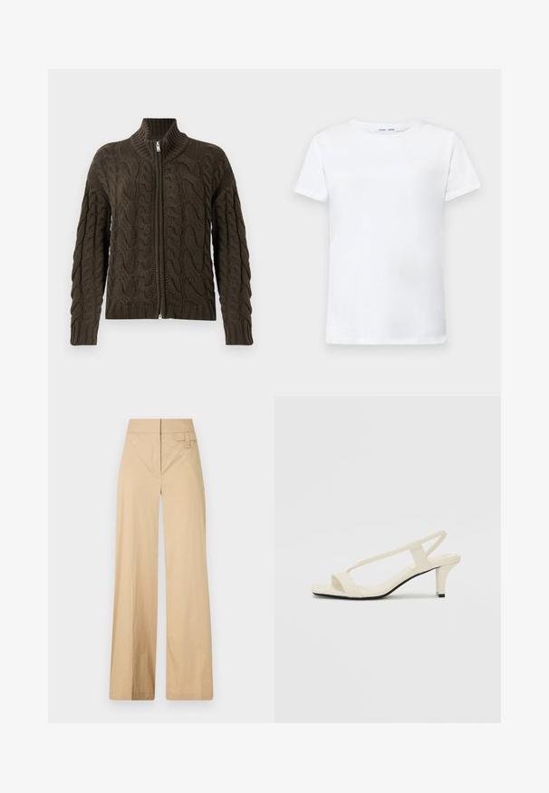 Cable-knit zip-up cardigan in dark olive green. Features a ribbed collar, textured pattern, and a silver zipper closure.; White short-sleeve t-shirt made of cotton with a crew neck design. Smooth texture and straight cut, no patterns or accents.; Beige wide-leg pants made of cotton blend fabric. Features a smooth texture, elastic waistband, and a side button detail.; Beige block-heeled sandals with thin straps and a square toe. Smooth material with minimal detailing, designed for easy wear.