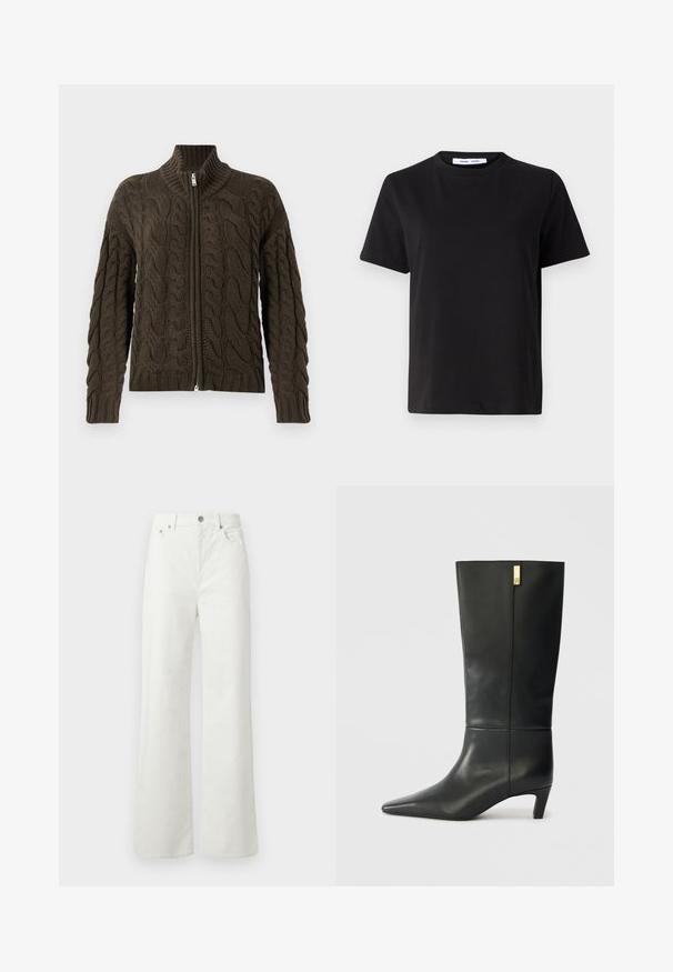 Tamsiai alyvuogių spalvos kabeliu megztas džemperis su užtrauktuku. Savybės: raukšlėta apykaklė, tekstūruotas raštas ir sidabrinis užtrauktukas.; Juodas trumpas rankovės marškinėliai, pagaminti iš minkštos medvilnės, su apvaliu iškirpimu, laisvu pritaikymu ir lygiu paviršiumi. Nėra matomų raštų ar grafikos.; Samsøe Samsøe SHELLY - Laisvo kirpimo džinsai - clear cream; Juodas odinis iki kelių botai su smailiu pirštu ir mažais kulnais. Ypatinasi lygiu dizainu su aukso akcentu. Lygus paviršius.