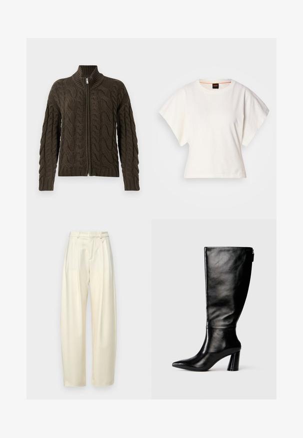 Cardigan zip-up in maglia a trecce di colore verde oliva scuro. Presenta un colletto a coste, un motivo testurizzato e una chiusura con zip argentata.; T-shirt bianca cropped, maniche corte e larghe, tessuto di cotone morbido, scollatura rotonda con bordino arancione sottile, design minimale, senza motivi o grafiche.; Pantaloni a pieghe a vita alta in tessuto crema chiaro. Presentano un taglio dritto e una texture liscia. Nessuna tasca o hardware visibile.; Stivale in pelle nera, alto fino al ginocchio, con punta affusolata, superficie liscia e tacco spesso. Presenta un dettaglio con zip sul retro.