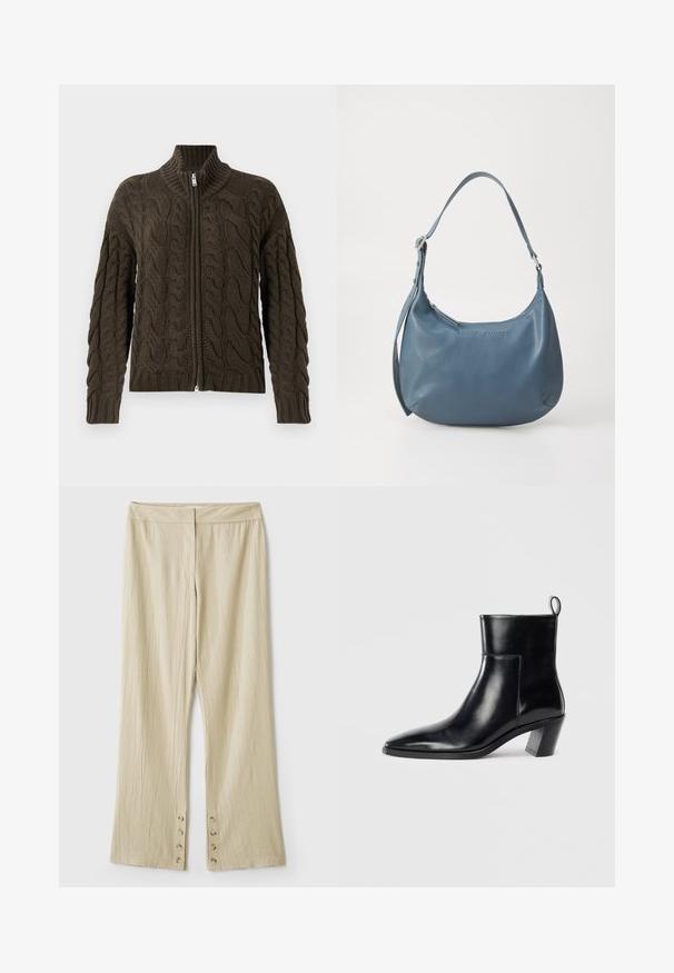 Tamsiai alyvuogių spalvos kabeliu megztas džemperis su užtrauktuku. Savybės: raukšlėta apykaklė, tekstūruotas raštas ir sidabrinis užtrauktukas.; Šviesiai rožinė liemenėlė, pagaminta iš švelnaus, tampraus audinio. Turi apvalią iškirptę ir siaurus petnešėles, su lygiu paviršiumi ir prigludusia forma.; Žvakiški bežinės spalvos plačių kojų kelnės su tekstūruotu audiniu. Yra plokščias liemuo ir penki mygtukai apačioje užsegimui. Su raukšlėmis.; Juodas odinis kulkšninis botas su smailiu pirštu, geometriniu krūviniu kulnu ir traukimo juostele gale. Lygi tekstūra ir elegantiškas dizainas.; Mėlyna odinė rankinė su apvalia forma, viena petneša, užtrauktuku ir iškilmingu prekės ženklu priekyje. Lygi tekstūra.