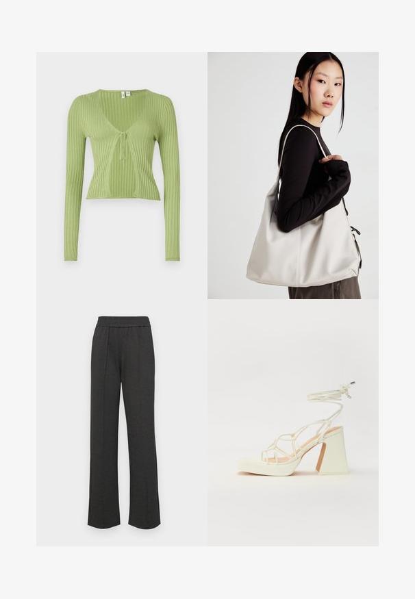 Vihreä ribbineuleinen pitkähiha:inen pusero, jossa on V-pääntie ja nauhasulkija edessä. Sileä pinta, hyvin istuva muoto ja lyhyt malli.; Valkoinen hihaton paita, jossa on pyöreä kaula-aukko. Valmistettu sileästä kankaasta, siinä on rento istuvuus ja minimalistinen muotoilu. Ei kuvioita tai koristeita.; Mustat suorat housut, joissa on joustava vyötärö, etupleatit, pehmeä kangas ja ilman näkyviä kuvioita tai metalliosia.; Valkoinen korkokenkä, jossa on paksu korko, ja joka sisältää nauhakiinnityksen ja nilkkaketjun. Sujuva pinta, jossa on platform-etupohja lisäkorkeutta varten.; Beige laukku, joka on valmistettu pehmeästä materiaalista, ja siinä on rento muotoilu, ommeltu yksityiskohtia ja kaksi olkahihnaa. Sopii päivittäiseen käyttöön.