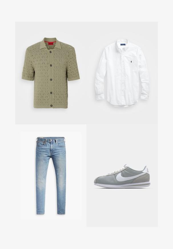 Cardigan a maniche corte di un verde oliva chiaro con un motivo a rombi e bottoni neri, dotato di un colletto e finiture a coste.; Camicia bianca a maniche lunghe con bottoni in cotone. Presenta un colletto classico, polsini a bottone e un piccolo logo ricamato in blu navy sul petto.; Jeans slim fit blu chiaro con leggere sfumature sulle cosce, chiusura con bottone anteriore, passanti per cintura e cinque tasche su uno sfondo bianco.; Scarpa sportiva grigia con tomaia in camoscio e tessuto, swoosh Nike bianco e lacci bianchi. Presenta una suola in gomma testurizzata e un collare imbottito.