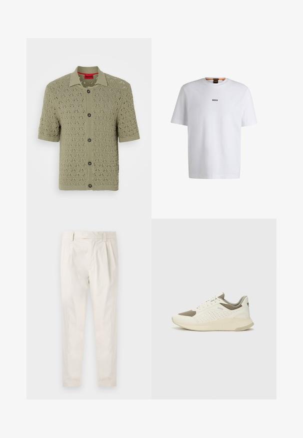 Short-sleeve, light olive-green cardigan with a diamond pattern and black buttons, featuring a collared neckline and ribbed edges.; White cotton T-shirt with short sleeves, featuring a black "BOSS" logo centered on the chest and a round neck design.; White, pleated trousers with a tailored fit, featuring a smooth texture, belt loops, and tapered legs. No visible pockets or patterns.; White and light beige athletic sneaker, featuring a mesh upper, perforated detailing, and a textured midsole with branding on the heel.