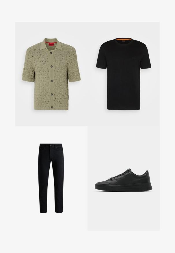 Kurzärmelige, hellolivgrüne Strickjacke mit Rautenmuster und schwarzen Knöpfen, mit einem Kragen und gerippten Kanten.; Schwarzes, kurzärmeliges T-Shirt aus weichem Stoff, mit rundem Ausschnitt und einem dezenten Logo auf der Vorderseite. Der Innensaum hat einen orangefarbenen Akzent.; Schwarze Slim-Fit-Jeans mit fünf Taschen, Knopfverschluss und Gürtelschlaufen, vor einem weißen Hintergrund präsentiert.; Schwarze Sneaker mit glattem Lederobermaterial, runder Zehenpartie, flachen Schnürsenkeln, gepolstertem Kragen und minimalistischem Design. Gummisohle mit subtiler Profilierung.