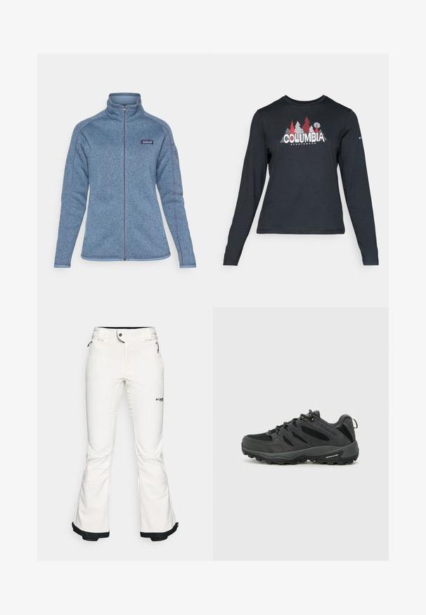Mėlynas flisos džemperis su aukštu apykakle ir pilnu užtrauktuku. Yra logotipas kairėje krūtinės pusėje ir kontrastingos siūlės. Minkšta tekstūra.; Ilga rankovė tamsiai pilka marškinėliai su raudonų medžių ir kalnų grafika; drąsaus baltos spalvos teksto "COLUMBIA" logotipas. Minkšta medžiaga, standartinis apvalus kaklas.; Baltos slidinėjimo kelnės, pagamintos iš minkštos, lankščios medžiagos. Yra prigludusi juosmens dalis, plačios išsiplėtusios kojų dalys ir juodo atvarto detalės ant kelnių apačios. Matomas prekės ženklo logotipas.; Columbia REDMOND - Turistiniai batai - black/citron haze