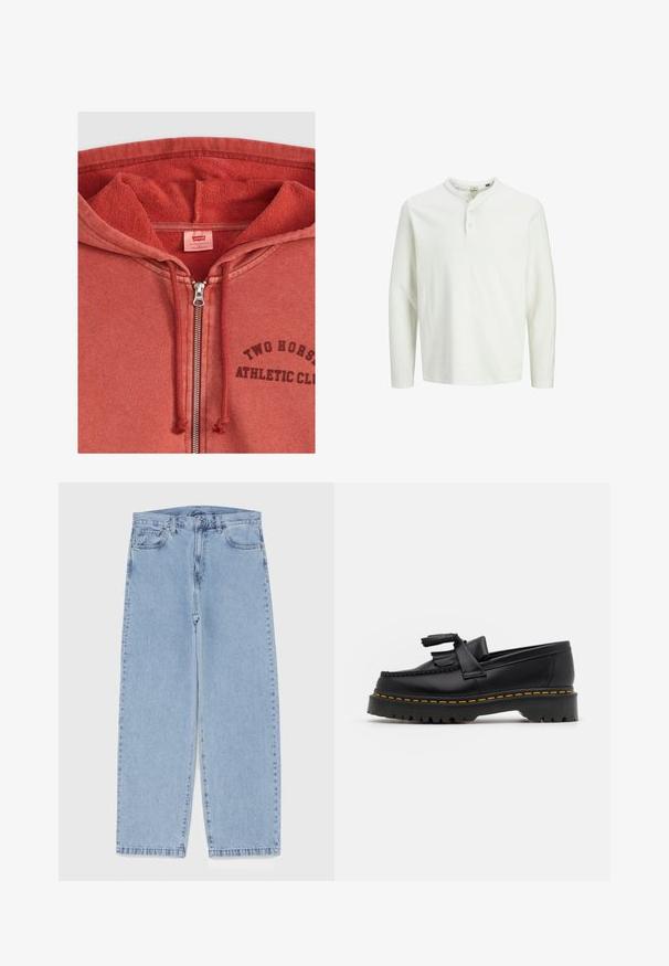 Felpa rossa con zip e finitura testurizzata, con stampa del logo "TWO HORSES ATHLETIC CLUB" e zip in metallo. Fit rilassato, interno foderato in pile.; Camicia henley bianca a maniche lunghe con tre bottoni e scollatura rotonda, esposta su uno sfondo bianco semplice.; Jeans in denim azzurro chiaro con design a gamba dritta, caratterizzati da una vita media, cinque tasche e chiusura con bottone e zip.; Mocassino in pelle nera con un'accento a frange, dotato di una suola nera spessa e cuciture gialle lungo il bordo. Finitura testurizzata.