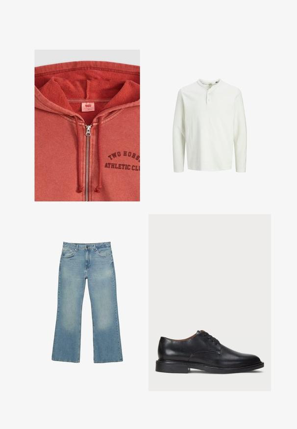Felpa rossa con zip e finitura testurizzata, con stampa del logo "TWO HORSES ATHLETIC CLUB" e zip in metallo. Fit rilassato, interno foderato in pile.; Camicia henley bianca a maniche lunghe con tre bottoni e scollatura rotonda, esposta su uno sfondo bianco semplice.; Jeans ampi in denim blu chiaro con cinque tasche, chiusura con bottone e lieve sfumatura, caratterizzati da orlo grezzo e cuciture resistenti.; Scarpa da uomo in pelle nera con punta rotonda, design con lacci e tacco basso impilato. Texture liscia con dettagli di cucitura minimi.