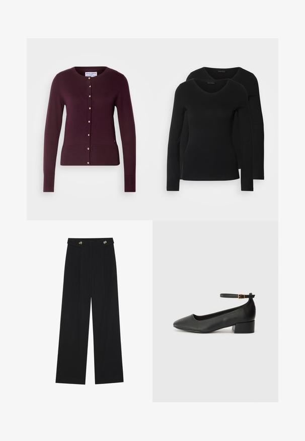 Lindex ANNA - Kardigán - dark lilac; Dvoje čiernych košieľ s dlhým rukávom a výstrihom do V, vyrobených z mäkkej a elastickej látky, s jemnou textúrou a priliehavým strihom.; Čierne široké nohavice s vysokým pásom, so zapínaním na gombíky na páse a prednými sklady.; Čierne kožené lodičky s špicatou špičkou a nízkym blokovým podpätkom. Obsahuje remienok okolo členka so zlatým prackou. Hladký povrch.