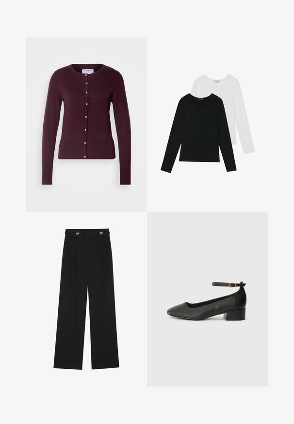 Lindex ANNA - Kofta - dark lilac; Två långärmade toppar, en svart och en vit, båda med fyrkantig halsringning och tillverkade av mjukt, stretchigt tyg.; Svarta vida byxor med hög midja, knäppdetaljer i midjan och framfickor.; Svart läderpump med spetsig tå och en låg klack. Har en ankelsnodd med en guldtonad spänne. Slät textur.