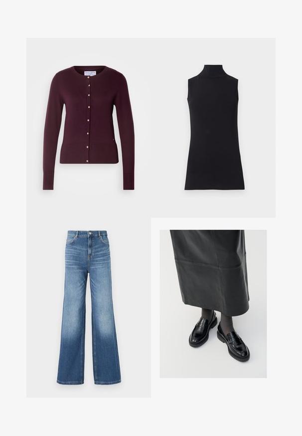 Lindex ANNA - Adīta jaka - dark lilac; Melna bezpiedurkņu augstais kakls, izgatavots no gludas auduma. Pielāgotā forma ar augstu kaklu un taisnu apakšmalu, minimālistisks un vienkrāsains.; Gai ziliņi džinsi ar plašu kāju piegriezumu un augstu jostasvietu, ar piecām kabatām, jostas cilpiņām un maigu izbalējušu efektu tuvāk malai.; Melni ādas loafers ar gludu apdari, ar dekoratīvu jostu, apaļu pirkstu un teksturētu zoli. Valkāti ar garu melnu ādas svārku.