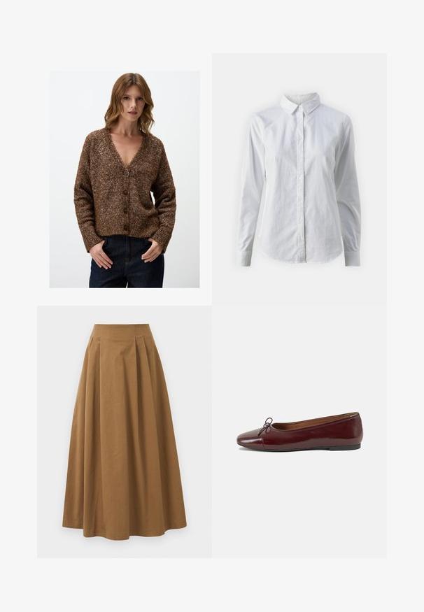 Bruine, gestructureerde cardigan met een V-hals, knoopsluiting en lange mouwen. Gemaakt van een chunky breimateriaal met een spikkelpunt.; Witte overhemd met knopen van glad katoen, met een klassieke kraag, lange mouwen en een afgeronde zoom. De knopen zijn klein en wit.; Bruine katoen A-lijn rok met een hoge taille, voorzien van plooien aan de voorkant en een gladde textuur. De zoomafwerking is schoon en eenvoudig.; Bordeaux gepatenteerd lederen ballerina met een ronde neus, een klein strikaccent aan de voorkant en een lage, zwarte rubberen zool. Glad textuur.