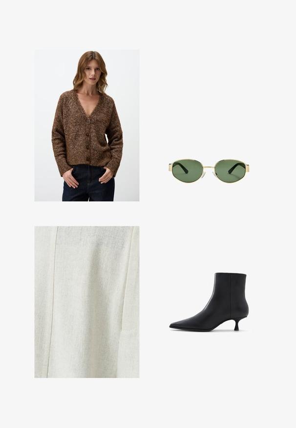 Braune, strukturierte Strickjacke mit V-Ausschnitt, Knopfverschluss und langen Ärmeln. Hergestellt aus einem grob gestrickten Material mit einem gesprenkelten Muster.; Weißes ärmelloses Tanktop mit quadratischem Ausschnitt, glatter Textur und figurnahen Schnitt. Hergestellt aus leichtem Material.; Helles beige Leinengewebe mit einem strukturierten Muster, das eine Nahtdetail und eine Seitentasche aufweist. Glatte Oberfläche mit feiner Webart.; ALDO EMMALIE - Stiefelette - black; Sonnenbrille mit goldfarbenem Metallrahmen, grünen getönten Gläsern, ovaler Form, schwarzen Bügeln und klaren Nasenpads. Sauberes, minimalistisches Design.; DRAGON DIFFUSION ROSANNA - Handtasche - dark brown; Goldene Knotenohrstecker mit spiralförmigem Design, das eine glatte, glänzende Textur und eine abgerundete Form aufweist.