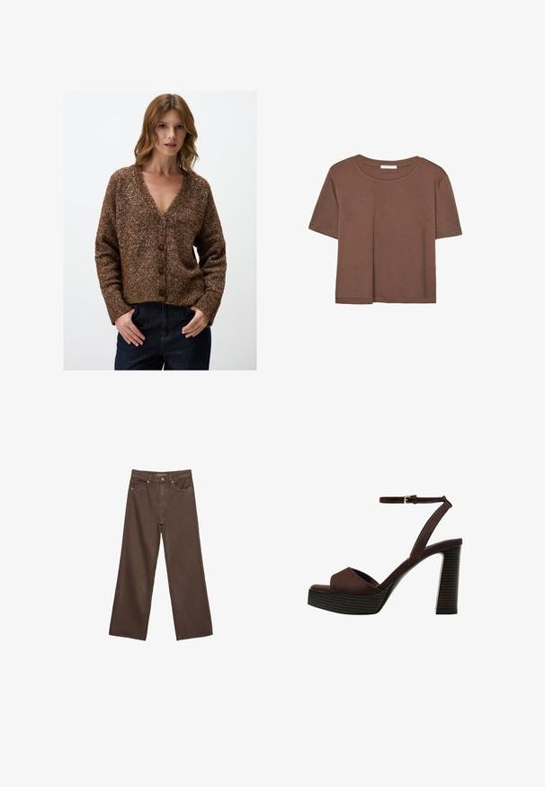 Cardigan marrone, strutturato, con scollo a V, chiusura con bottoni e maniche lunghe. Realizzato in un materiale a maglia spessa con un motivo chiazzato.; Maglietta a maniche corte marrone realizzata in tessuto morbido, con scollatura rotonda e vestibilità rilassata. Nessun motivo o dettaglio visibile.; Jeans a gamba larga marroni in denim, con vita alta, tasche anteriori e chiusura a bottone classica. Tessuto liscio con cuciture sottili.; Sandal in camoscio marrone con tacco alto, punta aperta, cinturino alla caviglia regolabile e suola a piattaforma striata.