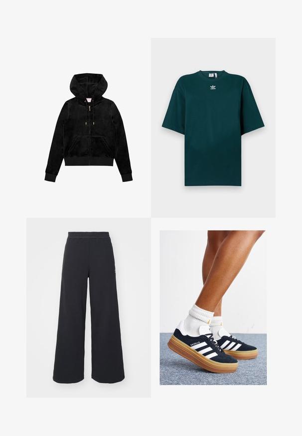 Melnas samta jaka ar rāvējslēdzēju, kas aprīkota ar priekšējo kabatu, zelta detaļām un oderejamu kapuci, kurai ir smalka logo detaļa uz krūšu.; Tumši zaļa pārmēra kokvilnas T-krekls ar īsām piedurknēm un apaļu kakla izgriezumu, uz krūtīm redzama balta Adidas logo.; Melni platās svārku bikses, izgatavotas no mīksta auduma, ar elastīgu jostas daļu un mazu logotipu kreisajā pusē.; Melnas zamšādas sporta kurpes ar baltām svītrām un akcentiem, apaļa purngala daļa, gumijas zole, kopā ar baltām ribotām sporta zeķēm.
