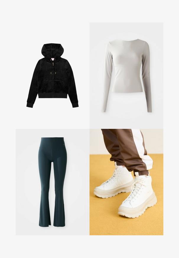 Černá sametová mikina na zip s přední kapsou, zlatými doplňky a podšívkovou kapucí s jemným detailem loga na hrudi.; Světlý šedý dlouhý rukáv top vyrobený z hladké, jemné látky s kulatým výstřihem a přiléhavým střihem. Spodní okraj je mírně rozšířený.; Tmavě modrozelené rozšířené legíny s vysokým pasem, vyrobené z elastické tkaniny. Obsahují jemné logo poblíž pasu. Hladká textura.; Bílé vysoké tenisky s robustní, texturovanou podrážkou, s hladkým svrškem, kulatou špičkou a tonálními tkaničkami, umístěné na žlutém pozadí.