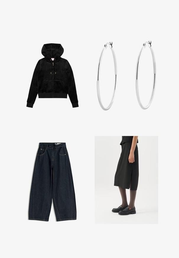 Černá sametová mikina na zip s přední kapsou, zlatými doplňky a podšívkovou kapucí s jemným detailem loga na hrudi.; Šedý žebrovaný tílko s kulatým výstřihem a bez rukávů. Měkká textura a přiléhavý střih, vhodné pro každodenní nošení nebo jako vrstvení.; Tmavě modré široké kalhoty s tkaničkovým pasem, pěti kapsami a kontrastním prošíváním. Hladká textura a volný střih.; Černá sukně ke kolenům s bočním rozparkem, v kombinaci s černými loafers a průhlednými hnědými punčochami, vyrobená z hladkého materiálu a s jednoduchým designem.; Stříbrné kruhové náušnice s hladkým, leštěným povrchem a bezšvým designem, s zaoblenými hranami a bezpečným zapínáním.