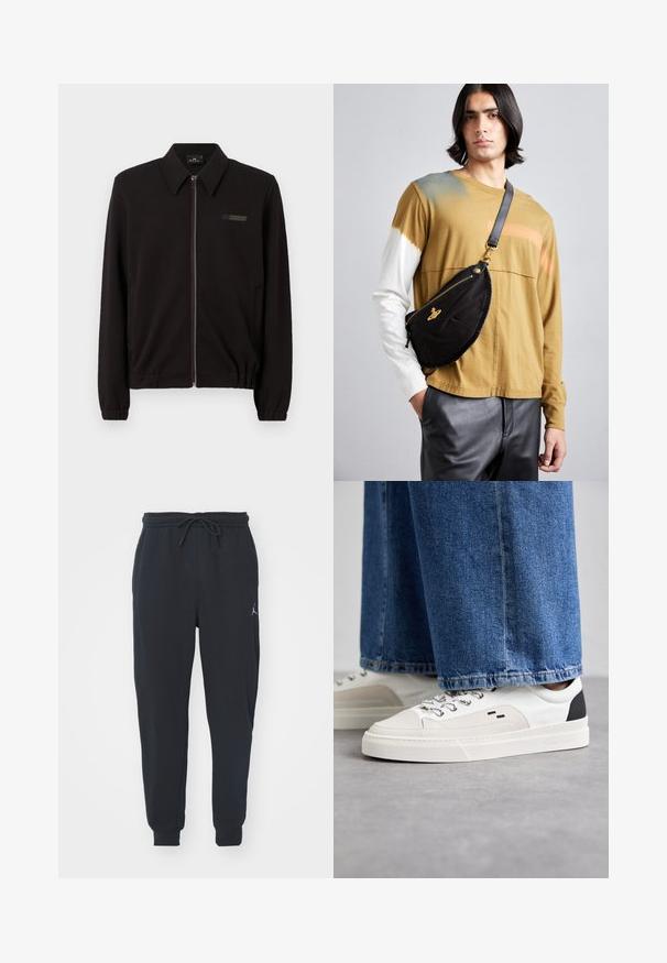 Črna jakna s ovratnikom, sprednjim zadrgo, ki ima barvite detajle, ter elastičnimi manšetami in robom. Vključuje diskretne akcentne logotipe.; Bela bombažna majica s kratkimi rokavi, okroglim izrezom, sproščenim krojem in brez vidnih logotipov ali vzorcev. Gladka tekstura in minimalen dizajn.; Črne trenirke iz mehkega materiala, z elastičnim pasom in vrvico, naborki na robovih in manjšim logotipom na levi stegn.; Bela in črna športna obuvala z gladkim usnjenim zgornjim delom, teksturiranimi detajli in masivnim belim podplatom. Imajo klasičen dizajn z vezalkami.; Vivienne Westwood CITY BUMBAG UNISEX - Torbica za okoli pasu - black