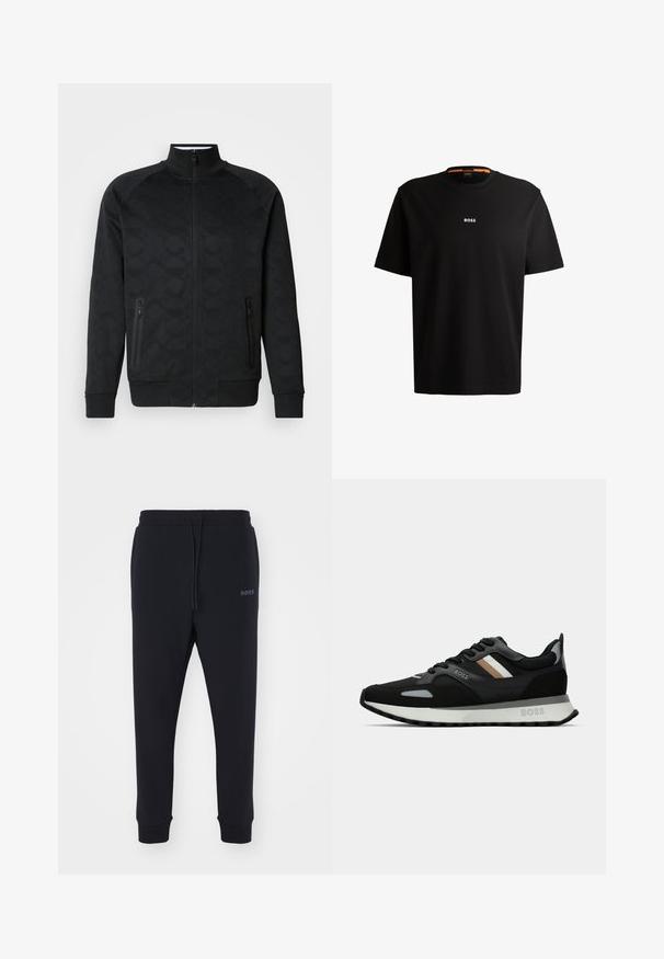 Čierna bunda na zips s vysokým golierom. Tkanina má textúrovaný vzor a obsahuje dva bočné vrecká na zips.; Čierne bavlnené tričko s okrúhlym výstrihom, krátkymi rukávmi a bielym logom "BOSS" umiestneným na hrudi. Hladká textúra, voľný strih.; Čierne tepláky vyrobené z mäkkého materiálu s elastickým pásom, šnúrkou na stiahnutie a zúženými nohavicami. Obsahujú malé logo na boku.; Čierna bežecká obuv s textúrovaným povrchom, svetlošedými akcentmi a tromi horizontálnymi pruhmi v hnedej farbe. Obsahuje bielu polstrovanú podrážku.