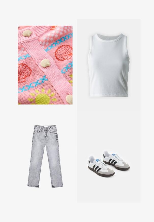 Gilet en tricot rose avec des motifs de coquillages et de soleil. Il possède des boutons en coquillage blancs et un bord côtelé texturé.; Débardeur blanc côtelé avec un décolleté rond et sans manches, présentant un ourlet droit et une texture lisse et extensible.; Jean en denim gris avec une coupe droite, des détails déchirés, cinq poches et des rivets en cuivre. La ceinture présente une étiquette de logo.; Baskets avec une tige en cuir blanc, un bout en daim gris et trois bandes noires. Présente un logo bleu sur la languette et une semelle en caoutchouc texturée.