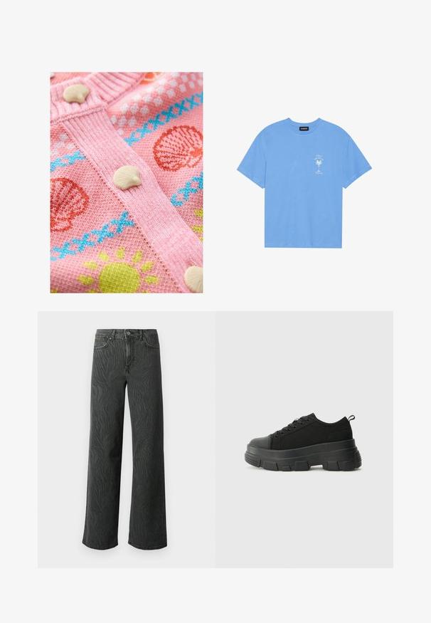 Cárdigan de punto rosa con patrones de conchas y sol. Tiene botones de concha blanca y un ribete texturizado a lo largo de los bordes.; Camiseta de algodón de color azul claro con escote redondo. Presenta un gráfico en blanco de una palmera y texto en la parte izquierda del pecho. Mangas cortas.; Jeans de pierna ancha en denim gris oscuro, con una sutil textura de patrón de cebra, costuras en contraste y un diseño de cinco bolsillos con cierre de botón.; Zapatillas negras con suela de goma gruesa, parte superior de tela texturizada, punta redonda y diseño con cordones. Presenta ojales reforzados y tirador en la parte trasera.
