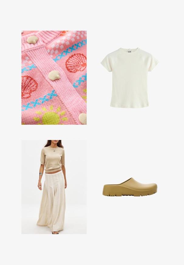 Lyserød strikket cardigan med musling- og solmønstre. Den har hvide muslingeknapper og tekstureret ribkant langs kanterne.; Hvid ribbet kortærmet t-shirt med rund halsudskæring og raglanærmer. Tekstureret stof med en almindelig pasform. Logotag på bagsiden af halsen.; Beige strikket kortærmet top kombineret med en lang, flowy cremefarvet nederdel med lodrette plisseringer og en glat tekstur.; Gul gummiklump med en glat overflade, åben bagpå og en tyk, tekstureret sål med vandrette riller. Designet til komfort og holdbarhed.