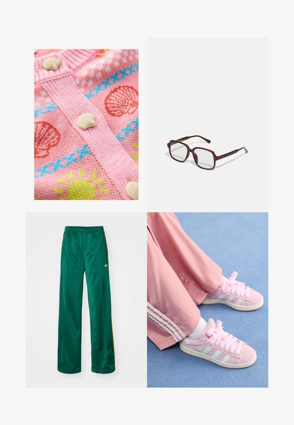 Cardigan lavorato a maglia rosa con motivi di conchiglie e sole. Presenta bottoni a forma di conchiglia bianchi e coste testurizzate lungo i bordi.; Top rosso in tessuto morbido, con spalline sottili e regolabili e orlo dritto. Nessun motivo o dettaglio aggiuntivo presente.; Pantaloni sportivi verdi in satin con vestibilità comoda, dotati di accenti a strisce gialle e un logo ricamato sul lato sinistro. Vita elastica.; Scarpe da ginnastica rosa con strisce azzurro chiaro, punta tonda e spesse lacci rosa, abbinate a pantaloni da jogging rosa con strisce bianche ai lati.; Occhiali rettangolari marroni con lenti trasparenti e tonalità viola. Montatura in plastica liscia con stanghette dritte e accenti sottili.