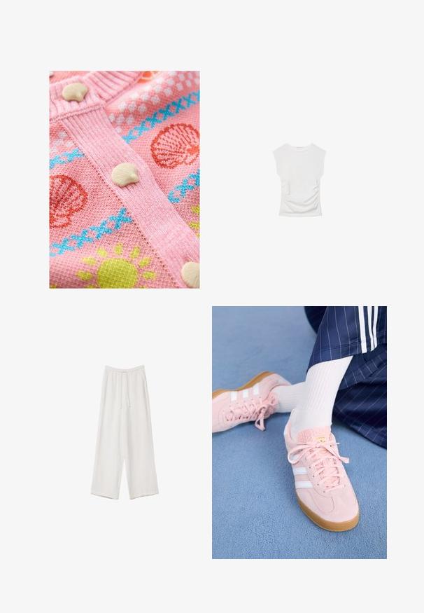 Różowy sweter z dziewiarską fakturą, ozdobiony wzorami muszli i słońca. Posiada białe guziki w kształcie muszelek oraz fakturowane ściągacze wzdłuż brzegów.; Biała bluzka z krótkim rękawem i okrągłym dekoltem. Posiada marszczoną teksturę po bokach oraz dopasowany krój, wykonana z miękkiego, elastycznego materiału.; Białe spodnie o szerokich nogawkach wykonane z lekkiego materiału. Posiadają elastyczny pas z sznurkiem i boczne kieszenie. Gładka tekstura.; Jasnoróżowe zamszowe sneakersy z białymi paskami i sznurówkami, z teksturowanym językiem i gumową podeszwą, umieszczone na niebieskim dywaniku.