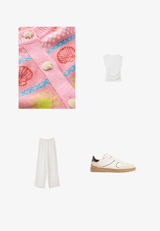 Rosa gestrickte Strickjacke mit Muschel- und Sonnenmustern. Sie hat weiße Muschelknöpfe und strukturierte Rippdetails entlang der Kanten.; Weißes Kurzarmoberteil mit Rundhalsausschnitt. Verfügt über geraffte Textur an den Seiten und eine figurbetonte Silhouette, gefertigt aus weichem, dehnbarem Material.; Weiße weit geschnittene Hose aus leichtem Stoff. Mit einem elastischen Bund und Kordelzug sowie Seitentaschen. Glatte Textur.; Stradivarius Sneaker low - white
