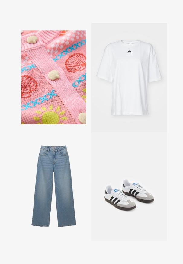 Rosa gestrickte Strickjacke mit Muschel- und Sonnenmustern. Sie hat weiße Muschelknöpfe und strukturierte Rippdetails entlang der Kanten.; Weißes T-Shirt mit kurzen Ärmeln aus Baumwolle. Verfügt über einen Rundhalsausschnitt und ein kleines schwarzes Adidas-Logo auf der Brust. Gerader Saum.; Helle blaue weit geschnittene Jeans aus Denim. Merkmale sind eine hohe Taille, fünf Taschen und ein gerader Schnitt mit minimaler Ausbleichung.; Sportschuhe mit einem Obermaterial aus weißem Leder, grauer Wildleder-Zehenkappe und drei schwarzen Streifen. Sie verfügen über ein blaues Logo auf der Zunge und eine strukturierte Gummisohle.