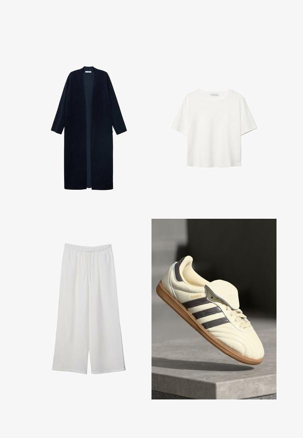 Granatowy długi kardigan z miękkiego materiału, z otwartym przodem, dwoma bocznymi kieszeniami i szerokimi rękawami. Minimalistyczny design, brak zapięć.; Biała koszulka z krótkim rękawem, wykonana z bawełny. Posiada okrągły dekolt i luźny krój. Gładka faktura bez widocznych wzorów czy akcentów.; Białe szerokie spodnie wykonane z lekkiego materiału, z elastyczną talią i sznurkiem do regulacji fasonu. Gładka tekstura.; Kremowe skórzane trampki z trzema ciemnymi paskami, brązową gumową podeszwą i zaokrąglonym noskiem. Posiadają składany język z napisem "SAMBA".