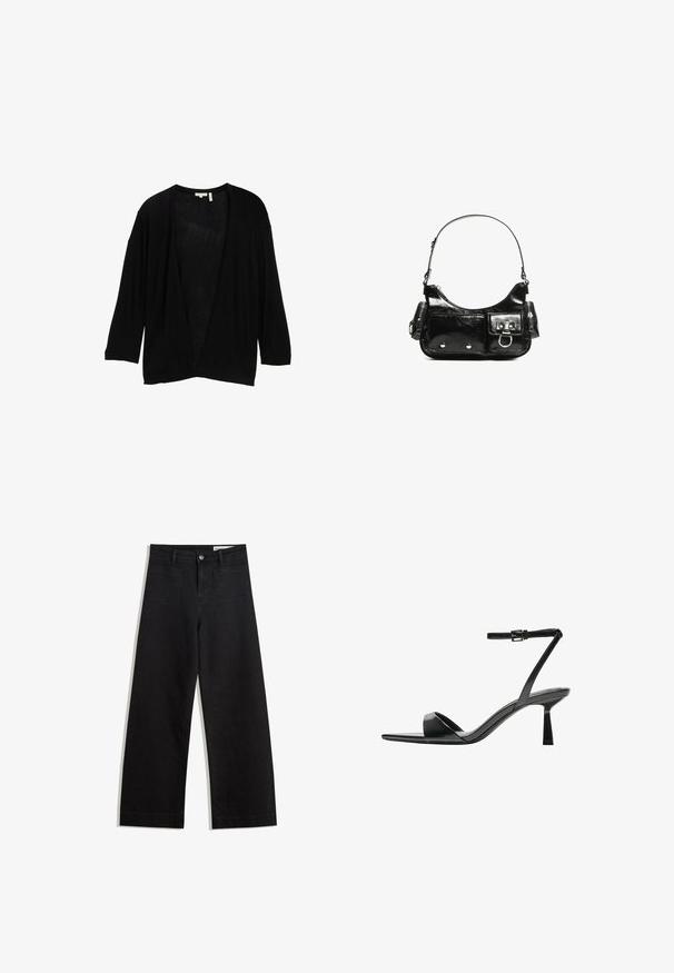 Črn, lahkoten cardigan z rokavi do tri četrtine in odprtim sprednjim delom. Tkanina se zdi mehka z rahlo teksturo. Brez zapiranja.; Črna dolgi rokavi prerezana majica s krožnim izrezom, enostaven dizajn in rahlo ukrivljen rob.; Črne široke denim hlače z visokim pasom, ki imajo sprednje in zadnje žepe, šivane šive ter gumbasto zapiranje. Gladka tekstura.; Bershka Sandali z visoko peto - black; Črna lakasta usnjena torbica s ukrivljeno obliko, enim ramenskim trakom, sprednjimi žepi in srebrnimi kovinskimi dodatki.