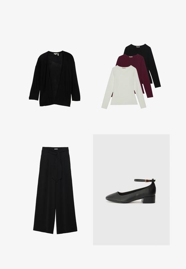 Juodas, lengvas kardiganas su trimis ketvirčiais rankovėmis ir atviru priekyje. Audinys atrodo minkštas su lengvu tekstūros jausmu. Be užsegimų.; Ilgomis rankovėmis marškiniai baltos, bordo ir juodos spalvos. Pagaminti iš minkštos medžiagos, su apvaliu iškirpimu ir prigludusia forma. Tinka sluoksniavimui.; Juoda plačių kojų kelnės, pagamintos iš tekstūruoto audinio, su elastingu juosmeniu ir atsegamu diržu juosmenyje, leidžiančiu reguliuoti dydį.; Juodas odinis aukštakulnis batelis su smailiu pirštu ir žemu bloku. Su kulkšnies dirželiu su auksinės spalvos sagtimi. Lygus paviršius.