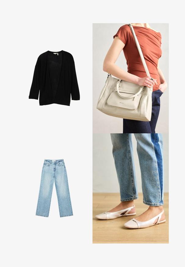 Czarny, lekki kardigan z rękawami trzyczwartowymi i otwartym przodem. Materiał wydaje się miękki z delikatną teksturą. Brak zapięć.; Biała koszulka z krótkim rękawem, wykonana z bawełny. Posiada okrągły dekolt i luźny krój. Gładka faktura bez widocznych wzorów czy akcentów.; Jasnoniebieskie jeansy z szerokimi nogawkami i wysokim stanem, z lekko wybledzonym wykończeniem i drobnymi, rozproszonymi przetarciami.; Jasnoróżowe baleriny na odkrytej pięcie z wąskim noskiem, wykonane z gładkiego materiału imitującego skórę. Posiadają wycięcia po bokach oraz płaski obcas.; Biała skórzana torebka z podwójnymi uchwytami i odczepianym paskiem, z przednią kieszenią na zamek i gładką fakturą. Nioszona na ramieniu przez osobę.
